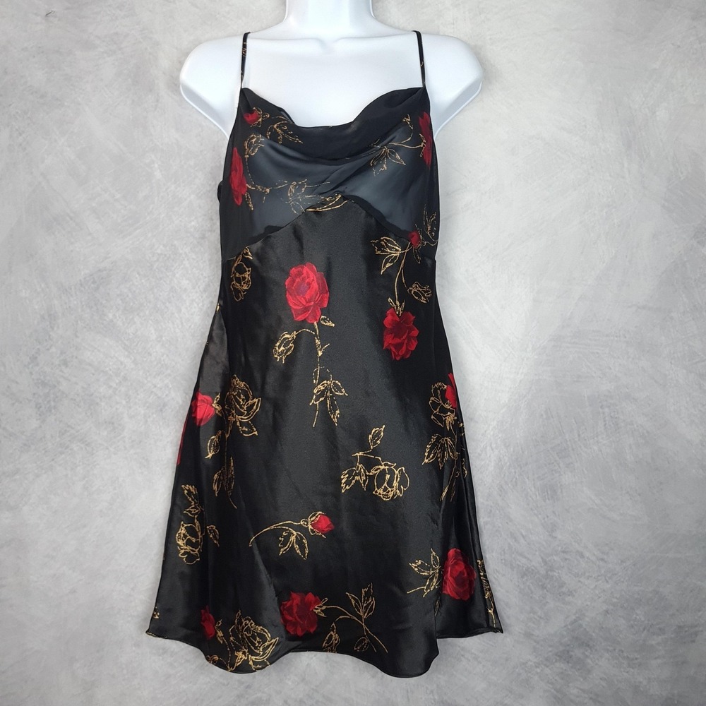 Vntg Slip Dress Womens M/L Black Rose Satin Floral Sheer Romantic Goth Chemise